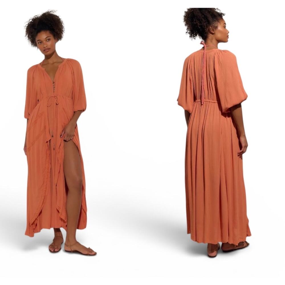 Free People plenty of love maxi dress plunging neckline button-front tie waist L - Picture 7 of 7